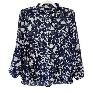 Madison Paige Women's XL Sheer Roll Tab Sleeve Top Navy White Office Travel